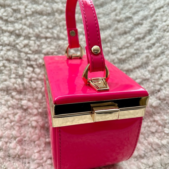 Pink One-of-a-Kind Patent Semi-Circle Box Bag with Short Handle & Shoulder Strap - Picture 2 of 8
